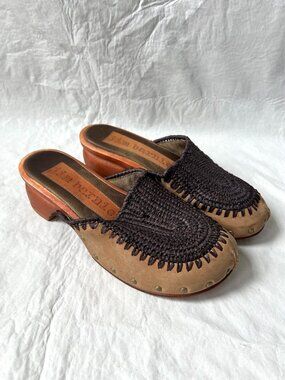 Jim Barnier clogs brown leather woven studded wood 7 7.5 mules slip on boho
